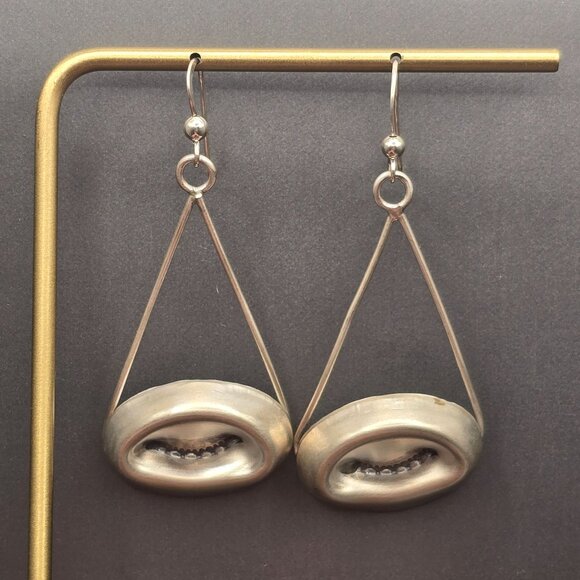 VTG Sterling Silver 925 Triangular Frame Dangle Earrings 2.25" Modernist - Picture 2 of 8